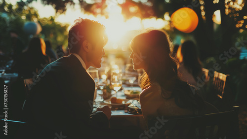 A couple enjoys a romantic dinner as the sunset casts a golden glow over their intimate conversation, surrounded by the ambient atmosphere of an outdoor setting.
