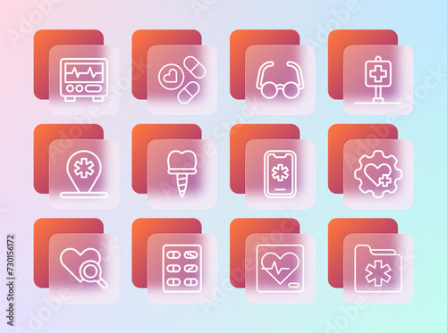 Set line Location hospital, Pills in blister pack, Emergency call 911, Heart rate, Dental implant, Glasses, Monitor with cardiogram and Medicine pill tablet icon. Vector