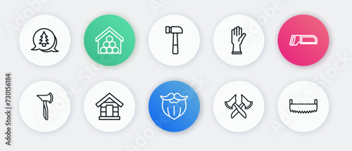 Set line Mustache and beard, Hacksaw, Wooden axe, Protective gloves, Hammer, Two-handed and Dog house icon. Vector