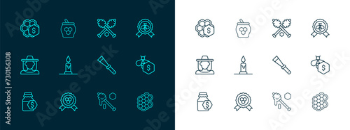 Set line Best bee, Honey award, Beekeeping knife, dipper stick, Burning candle, Sale of honeycomb and Jar icon. Vector