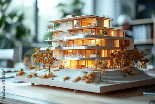 Architects team designs sustainable apartment buildings in office. Residential complex scale model on table aids project visualization.




