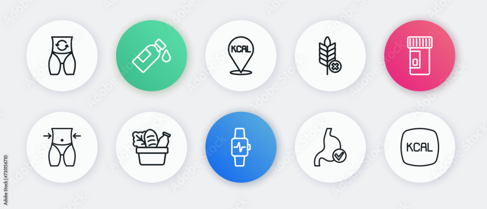 Set line Smart watch with heart, Vitamins, Women waist, Human stomach health, Gluten free grain, Kcal, and Shopping bag and food icon. Vector Set line Smart watch with heart, Vitamins, Women waist, Human stomach health, Gluten free grain, Kcal, and Shopping bag and food icon. Vector