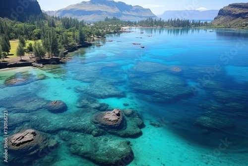 Mauritius landscape. Aerial drone view of blue lagoon. Generative AI Art. Beautiful view.