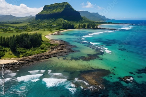 Mauritius landscape. Aerial drone view of mountain, blue lagoon. Generative AI Art. Beautiful view.