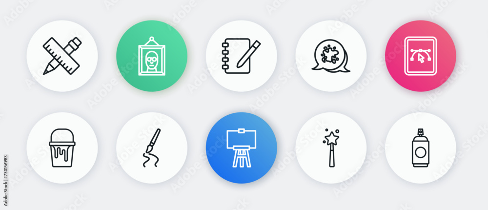 Set line Wood easel, Computer with design program, Paint bucket, Magic wand, spray, Notebook, can and brush icon. Vector Set line Wood easel, Computer with design program, Paint bucket, Magic wand, spray, Notebook, can and brush icon. Vector