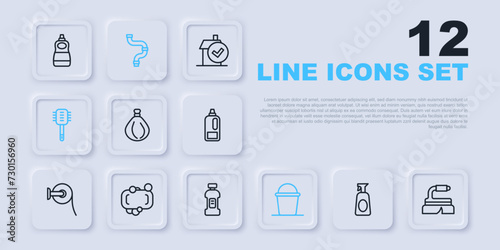Set line Cleaning spray with detergent, Brush for cleaning, Garbage bag, Bucket, Toilet brush, Bar of soap, Industry metallic pipe and Bottle icon. Vector