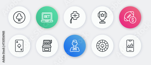 Set line Casino dealer, American football betting money, Playing card with spades symbol, chips, poker trophy cup, slot machine clover, Online sports and Slot icon. Vector