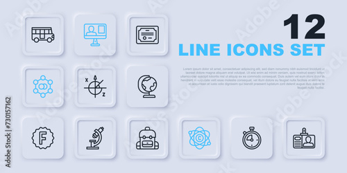 Set line Stopwatch, Identification badge, Trigonometric circle, Atom, Molecule, Microscope, Online class and School backpack icon. Vector
