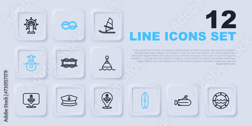 Set line Submarine, Ship porthole, Nautical rope knots, Surfboard, Captain hat, and Location with anchor icon. Vector photo