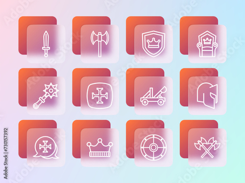 Set line Medieval throne, King crown, catapult, Round shield, Crusade, Shield with, sword and poleaxe icon. Vector