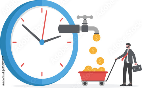 Time is money, long term investment return, retirement pension fund concept, clock, alarm clock and timer into sandglasses falling to money profit return.

