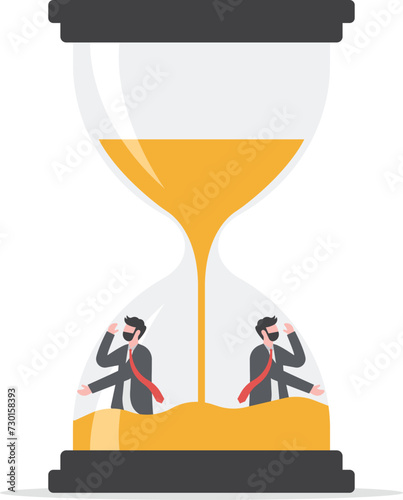 Two businessmen were stuck in sandglasses. Business deadline concept


