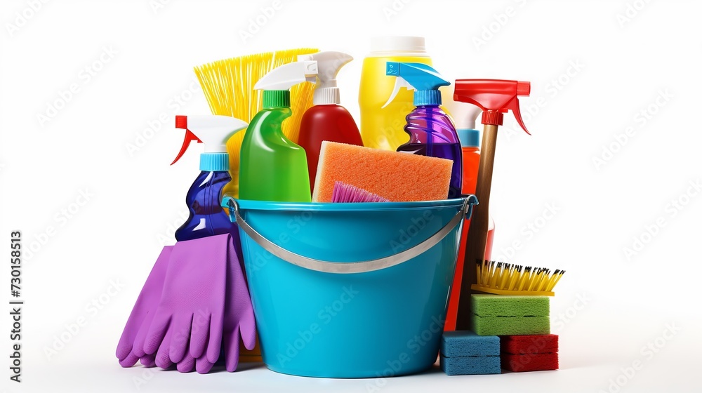 Cleaning supplies bucket overflowing with colorful items, isolated on white