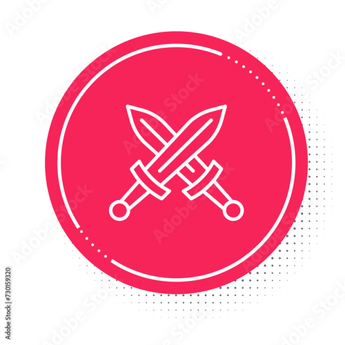White line Crossed medieval sword icon isolated on white background. Medieval weapon. Red circle button. Vector