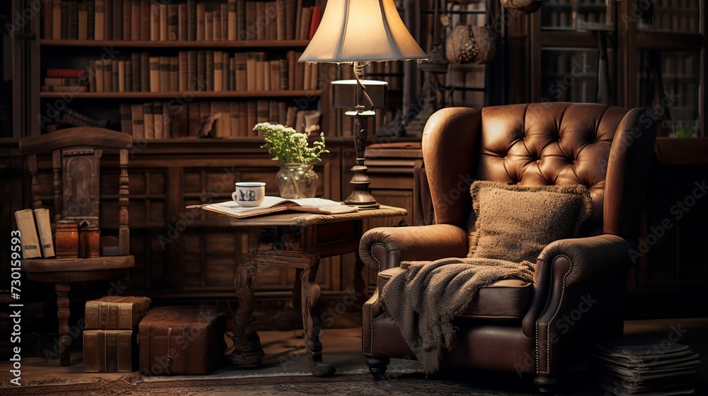 Old-fashioned bookstore corner, stacks of books, reading lamp, leather armchair, tranquil - obrazy, fototapety, plakaty 