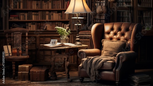 Old-fashioned bookstore corner, stacks of books, reading lamp, leather armchair, tranquil photo