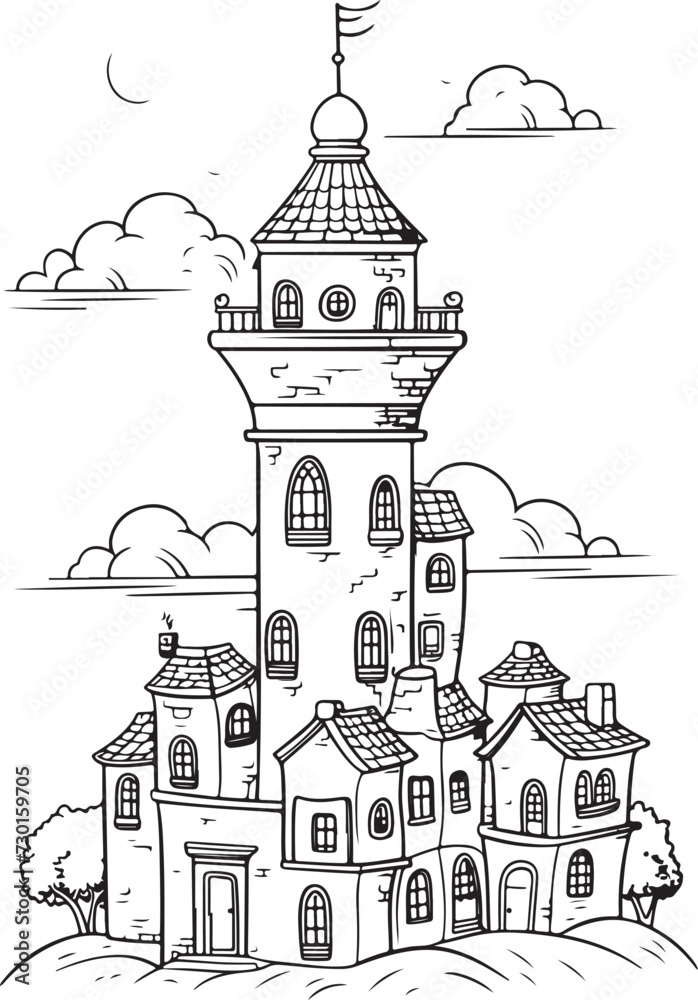 Coloring page of Muslim tower. Muslim tower coloring for promoting children's books on Islamic lessons. Vector format. Muslim tower