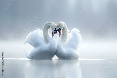 Fototapeta Naklejka Na Ścianę i Meble -  Two swans on a lake in winter form a heart with their necks and heads