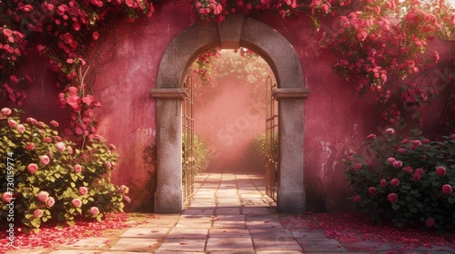 A grand rose-hued gate welcomes visitors into the magical world