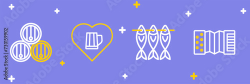 Set line Accordion, Dried fish, Heart with glass of beer and Wooden barrel icon. Vector