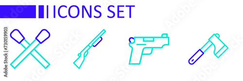 Set line Wooden axe, Pistol or gun, Hunting and Burning match with fire icon. Vector