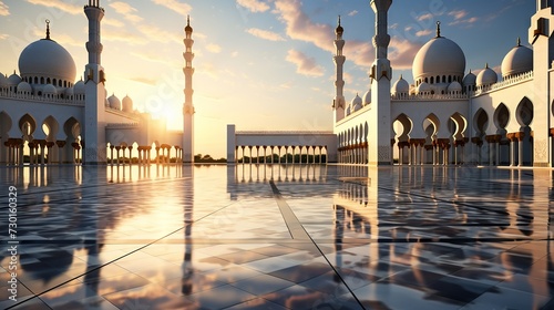 Elegant mosque at dawn with reflecting marble floors and towering minarets