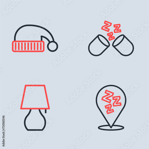 Set line Sleeping pill, Table lamp, Sleepy and hat icon. Vector