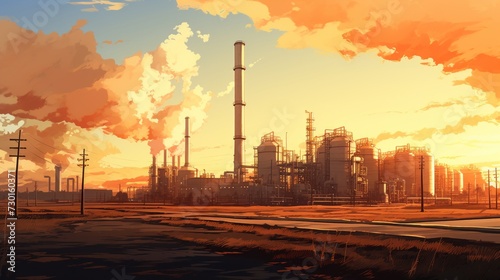 Watercolor digital art of a gas facility with a touch of natural dawn light