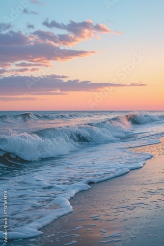 Gentle waves kiss the shore under a pastel-hued sky, evoking tranquility