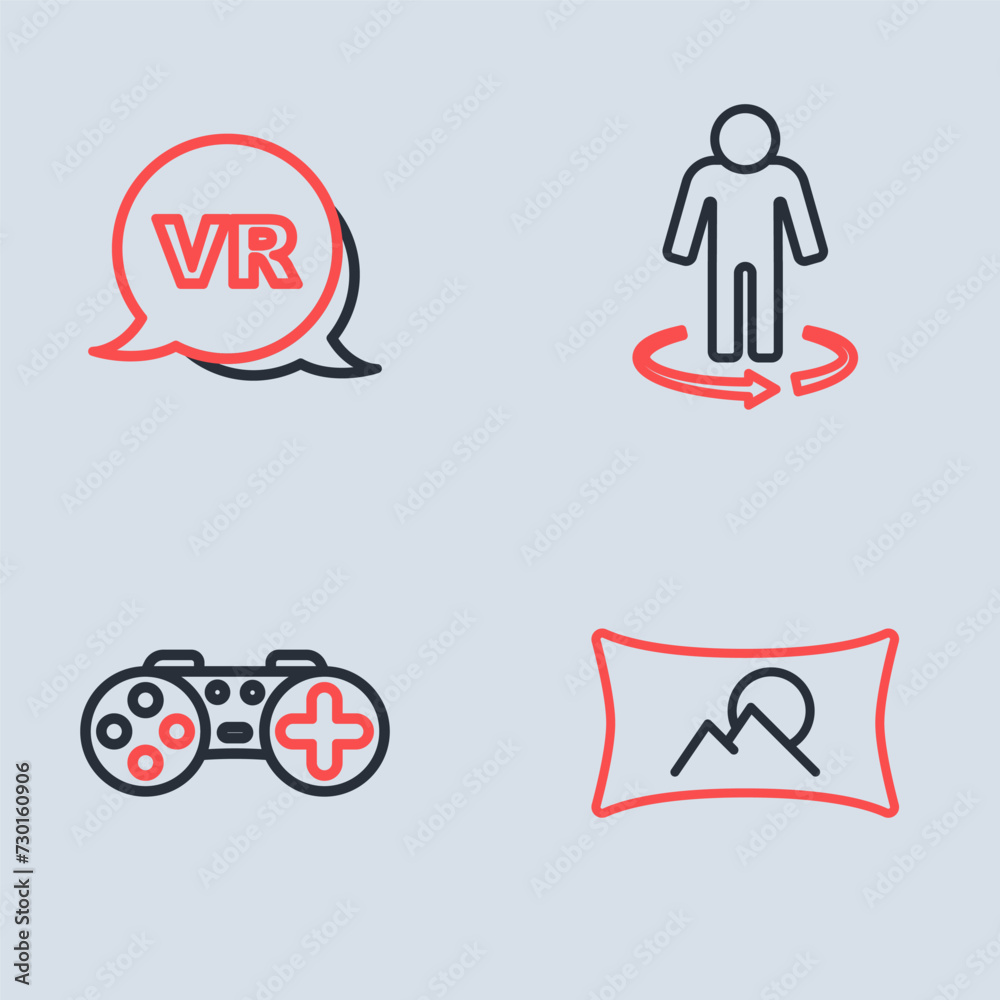 Fototapeta premium Set line 3d modeling, Gamepad, Wide angle picture and Virtual reality icon. Vector