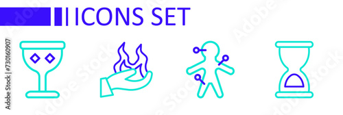 Set line Old hourglass, Voodoo doll, Hand holding fire and Medieval goblet icon. Vector