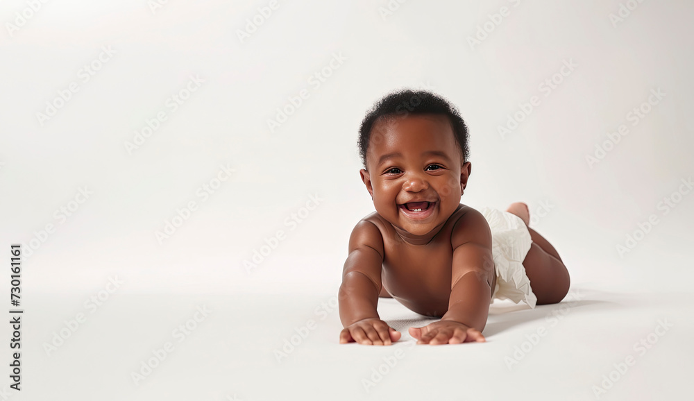 Black baby laughing and crawling, isolated on a white background Black baby laughing and crawling, isolated on a white background