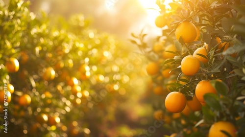 A radiant citrus grove bathed in golden sunlight, evoking warmth and positivity.
