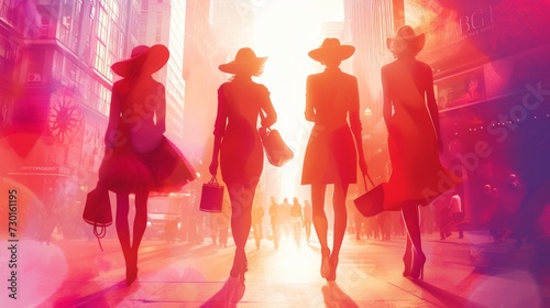 Fashion-forward girls walk the city streets, grinning with cityscape backgrounds