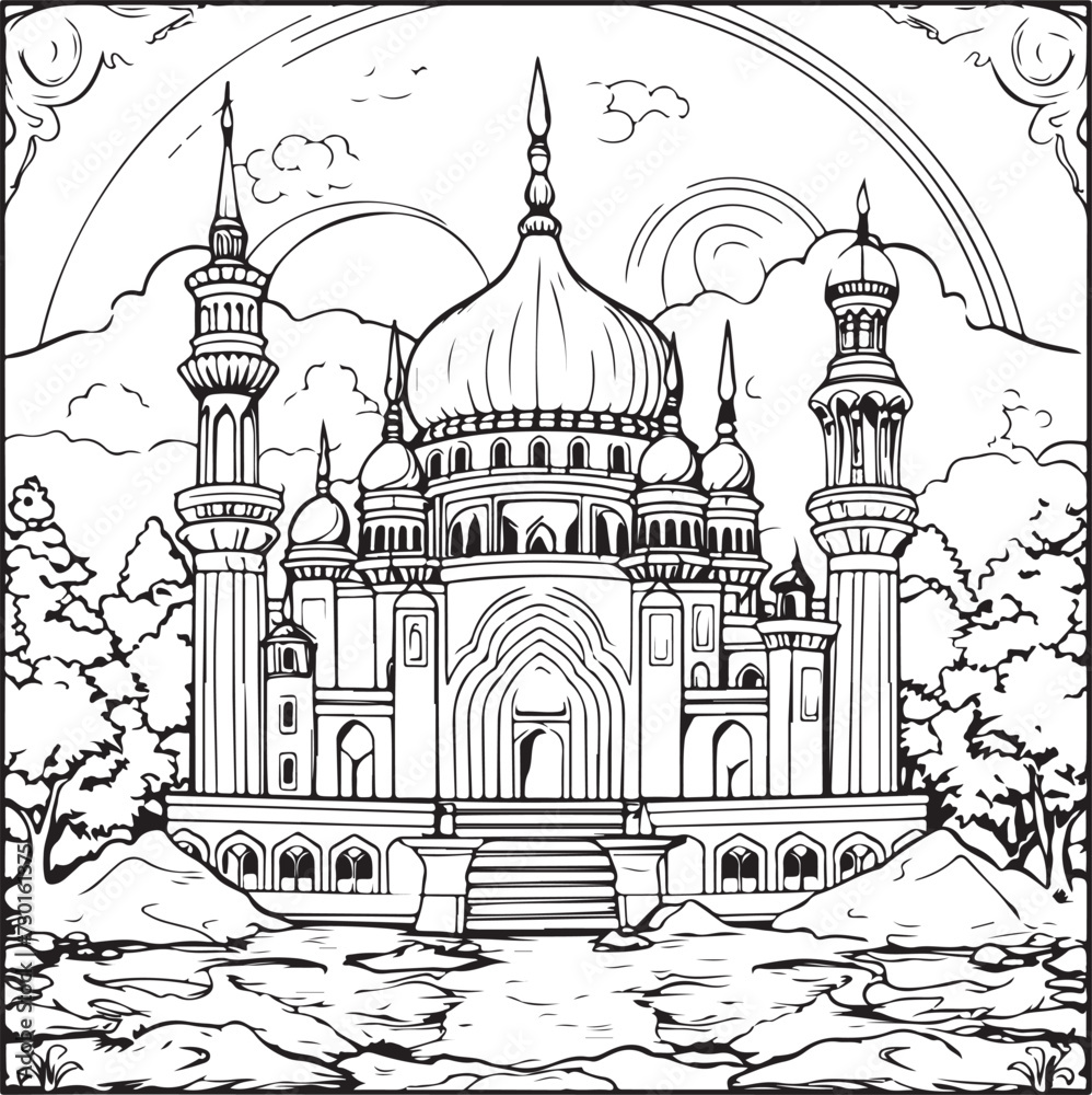 Coloring page of turkish mosque, crescent moons, twinkling stars. Islamic traditional celebration of Ramadan holiday