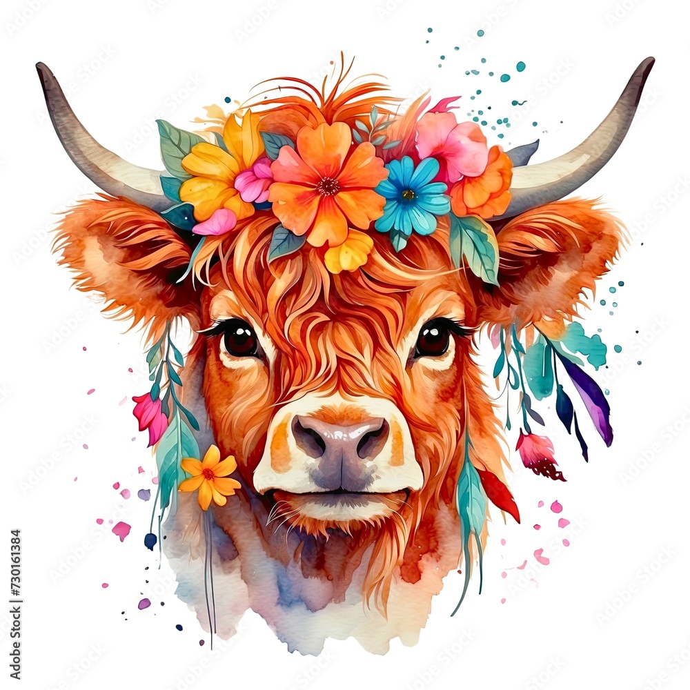 Watercolor illustration portrait of a cute adorable highland cow with flowers on isolated white background.
