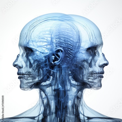 A digital artwork of a transparent human head showcasing the brain from dual side profiles
