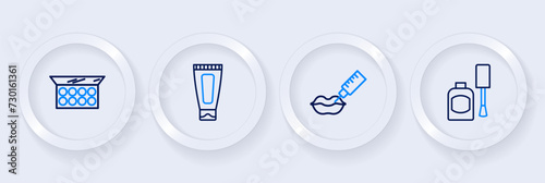 Set line Bottle of nail polish, Lip augmentation, Cream or lotion cosmetic tube and Makeup powder with mirror icon. Vector