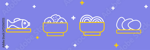 Set line Chicken egg, Asian noodles in bowl, Chow mein on plate and Served fish icon. Vector