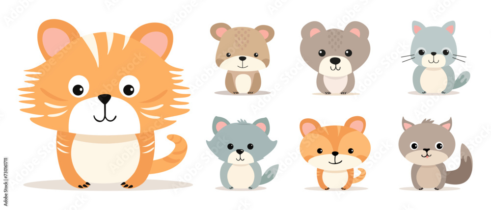 Set of flat illustrations of cute cartoon animals on a white background. Vector stylized characters for creating cards and banners. Bears, cats, wolf or dog, tigers