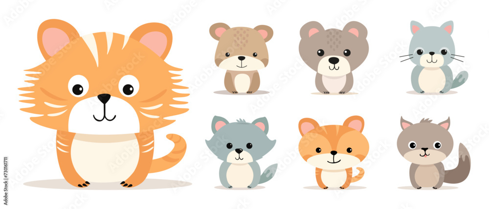 Set of flat illustrations of cute cartoon animals on a white background. Vector stylized characters for creating cards and banners. Bears, cats, wolf or dog, tigers Set of flat illustrations of cute cartoon animals on a white background. Vector stylized characters for creating cards and banners. Bears, cats, wolf or dog, tigers