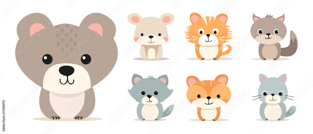 Fototapeta premium Set of flat illustrations of cute cartoon animals on a white background. Vector stylized characters for creating cards and banners. Bears, cats, wolf or dog, tigers