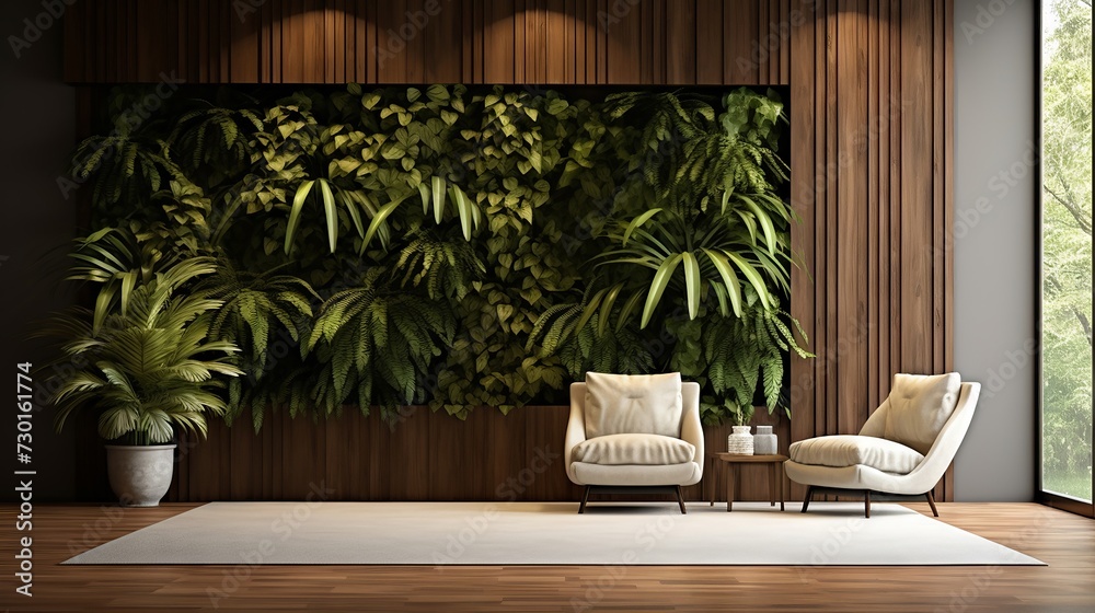 Fototapeta premium Modern interior with elegant wall decor and lush greenery on a wooden floor