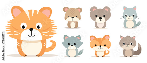 Fototapeta Naklejka Na Ścianę i Meble -  Set of flat illustrations of cute cartoon animals on a white background. Vector stylized characters for creating cards and banners. Bears, cats, wolf or dog, tigers