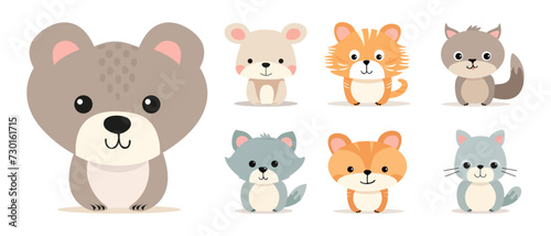 Set of flat illustrations of cute cartoon animals on a white background. Vector stylized characters for creating cards and banners. Bears  cats  wolf or dog  tigers