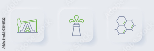 Set line Molecule oil, Oil rig and pump or pump jack icon. Vector