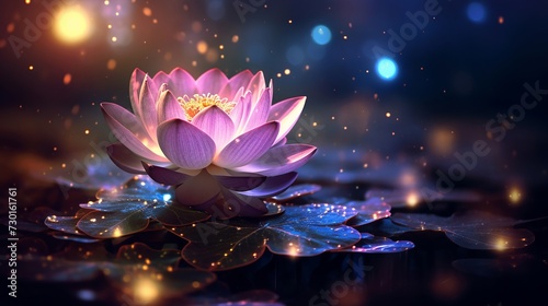magical lotus flower glowing with soft light, stars twinkling around its petals