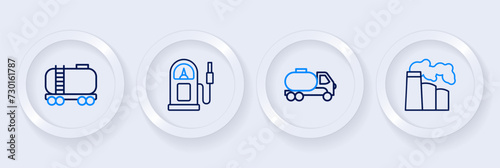 Set line Oil and gas industrial factory, Tanker truck, Petrol station and railway cistern icon. Vector