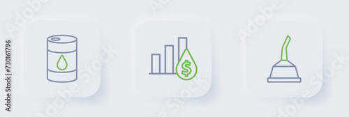 Set line Canister for motor machine oil, Pie chart and dollar and Barrel icon. Vector