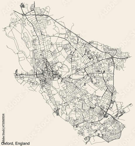 Detailed hand-drawn navigational urban street roads map of the United Kingdom city township of OXFORD, ENGLAND with vivid road lines and name tag on solid background